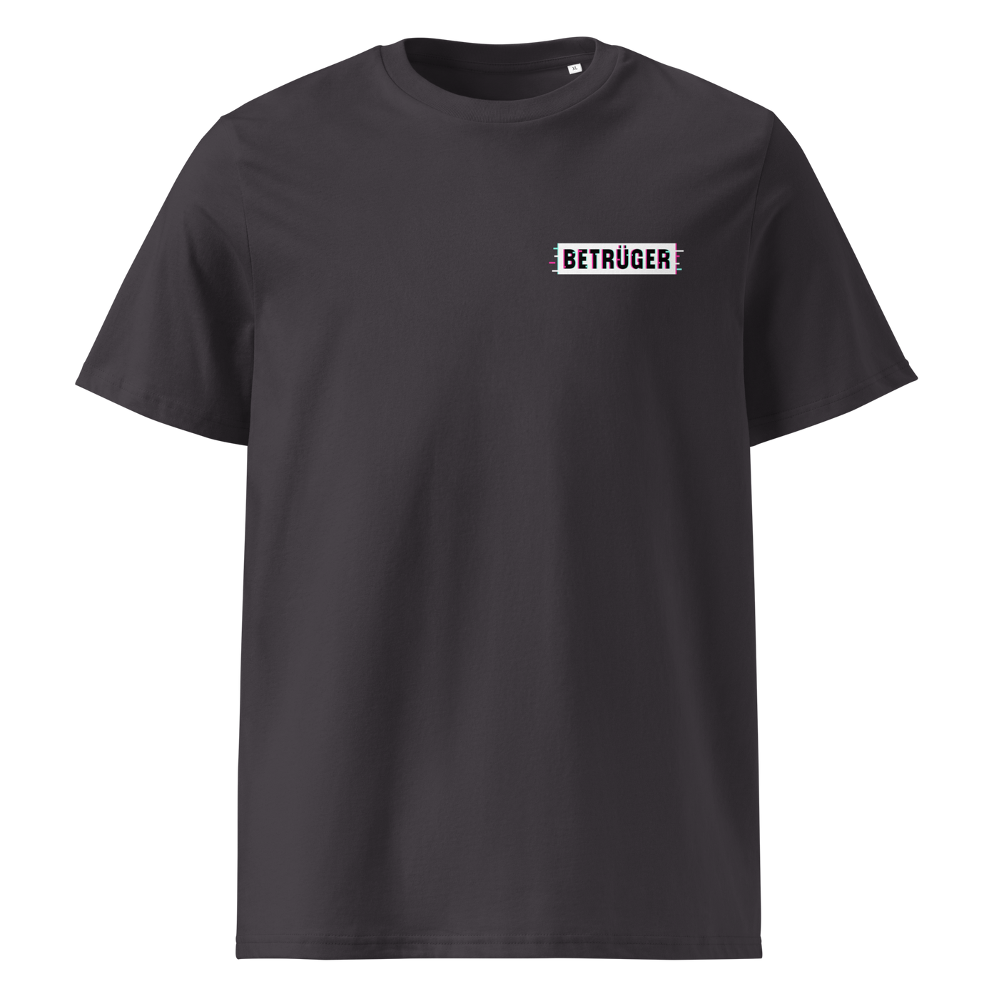 Betrüger anarcho late night organic cotton t-shirt in Anthracite, front view: a small black box logo reading Betrueger on the left chest.