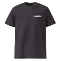 Betrüger anarcho late night organic cotton t-shirt in Anthracite, front view: a small black box logo reading Betrueger on the left chest.