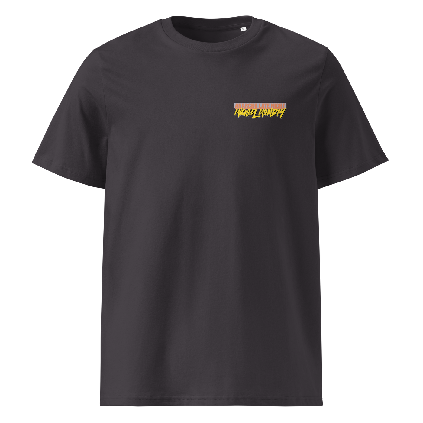 Michael Monday anarcho late night organic cotton t-shirt in Anthracite, front view: small Michael Monday brush lettering on the left chest.