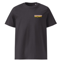 Michael Monday anarcho late night organic cotton t-shirt in Anthracite, front view: small Michael Monday brush lettering on the left chest.