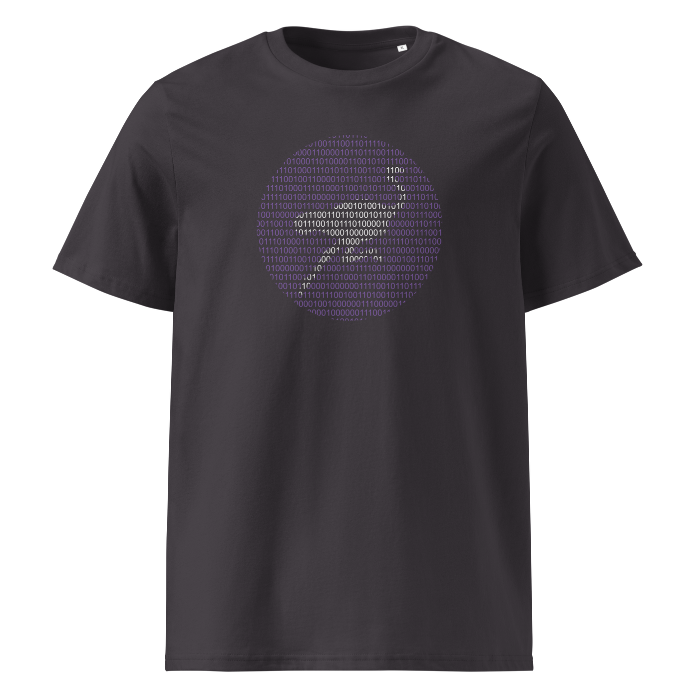 Nostr Binary organic cotton nostr t-shirt in Anthracite, front view: a round emblem built from purple binary digits.