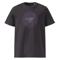 Nostr Binary organic cotton nostr t-shirt in Anthracite, front view: a round emblem built from purple binary digits.