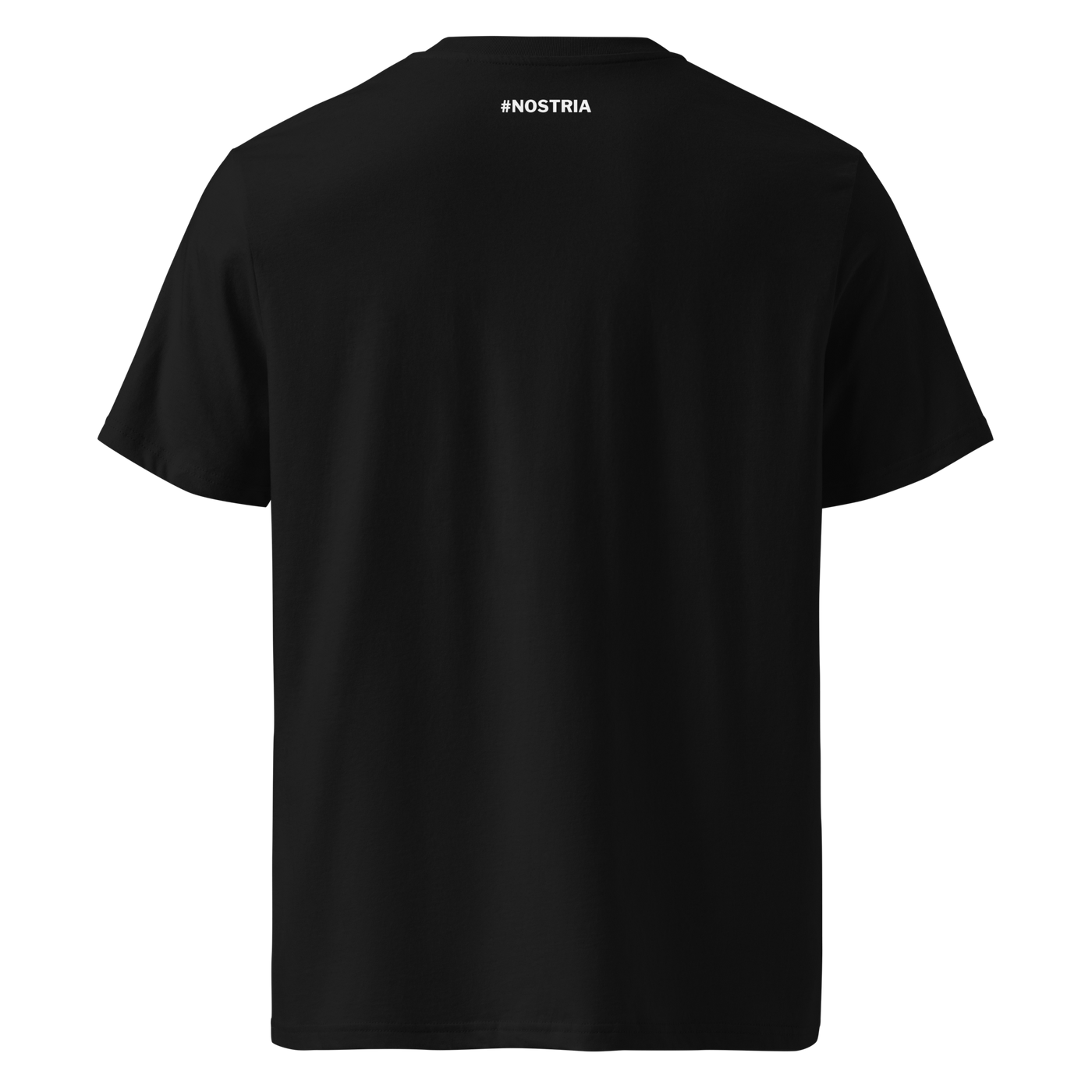 RUN DVM organic cotton nostr t-shirt in Black, back view: a small hashtag NOSTRIA print below the neckline.