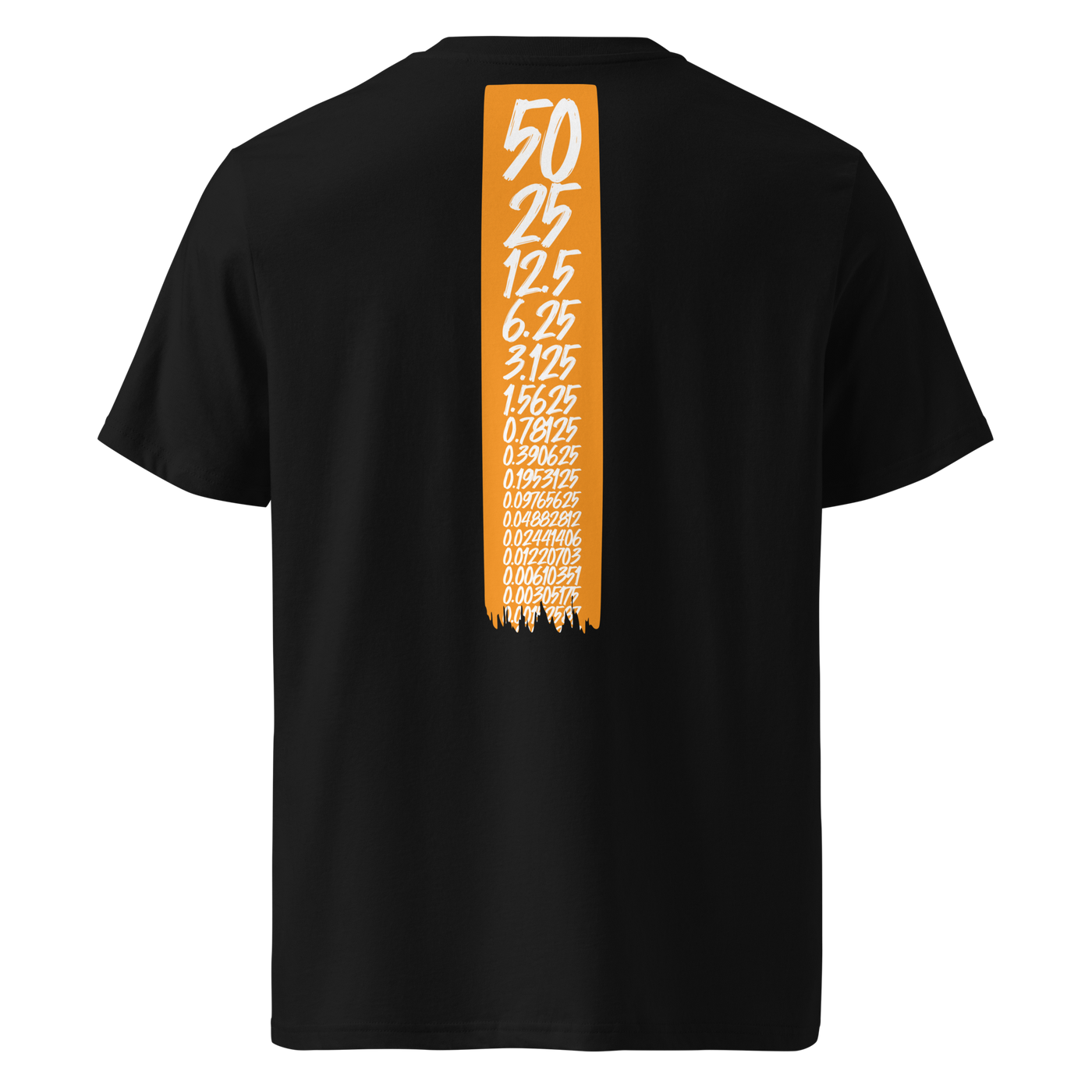Bitcoin Halving organic cotton bitcoin t-shirt in Black, back view: an orange banner listing the halving block rewards from 50 down to 0.00190735.