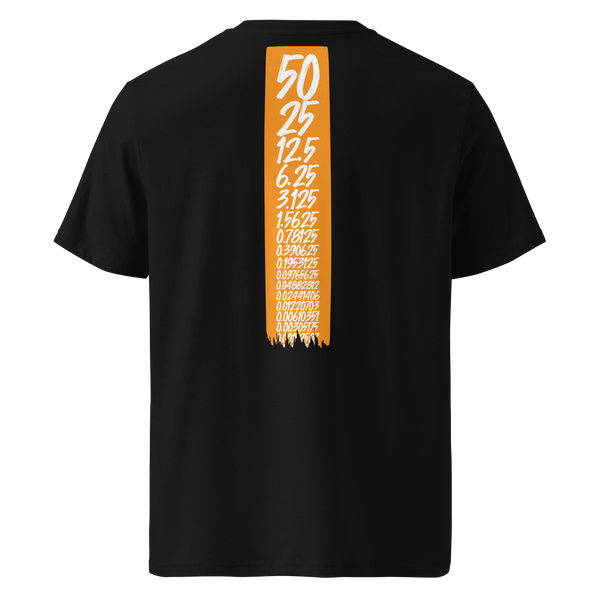 Bitcoin Halving organic cotton bitcoin t-shirt in Black, back view: an orange banner listing the halving block rewards from 50 down to 0.00190735.