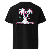 Betrüger anarcho late night organic cotton t-shirt in Black, back view: neon glitch palm trees above a banner reading Anarcho Late Night.
