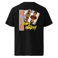 Michael Monday anarcho late night organic cotton t-shirt in Black, back view: two playing cards with illustrated portraits next to Michael Monday in yellow brush lettering.