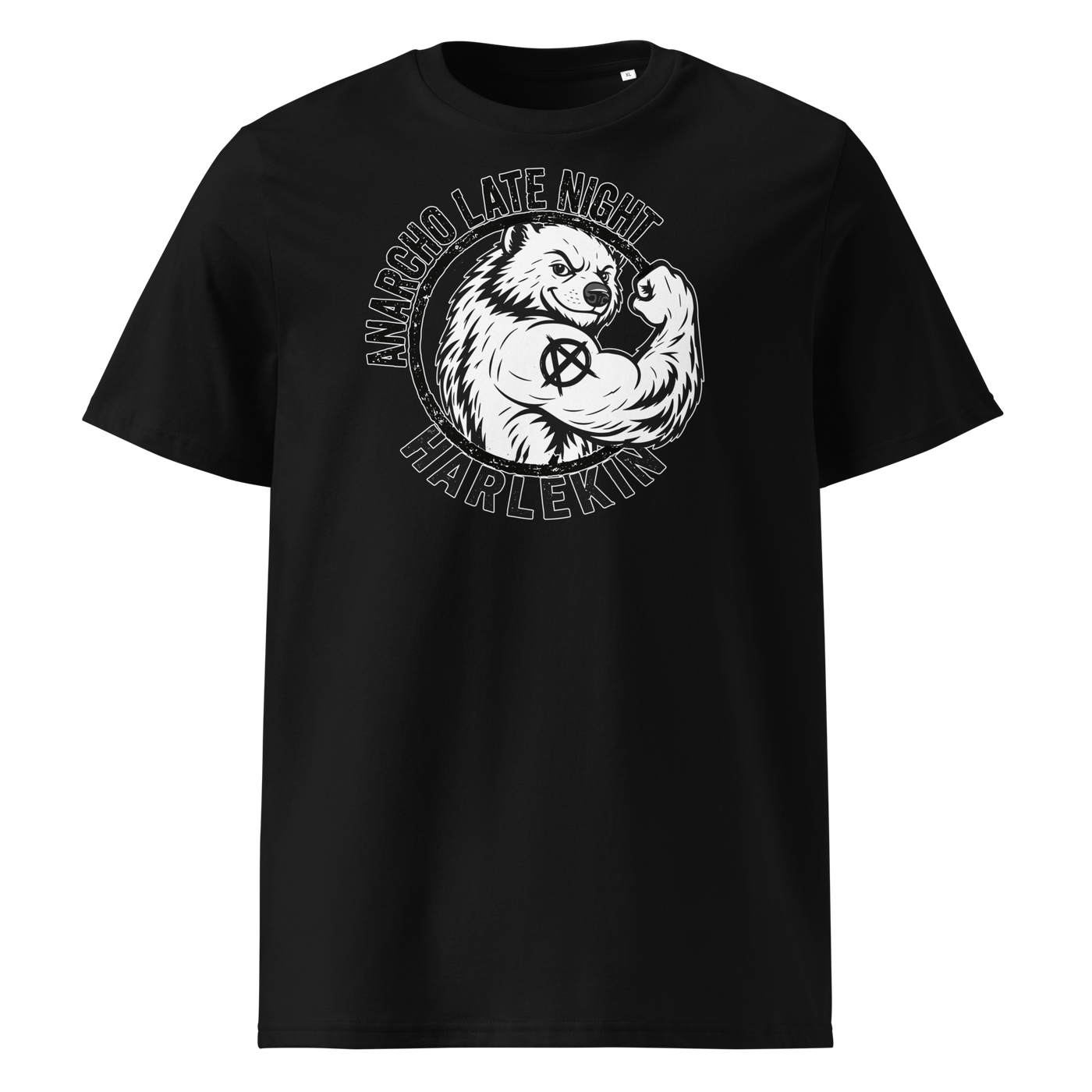Anarcho Late Night organic cotton t-shirt in Black, front view: a round black emblem of a flexing badger reading Anarcho Late Night Harlekin.