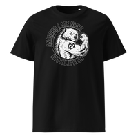 Anarcho Late Night organic cotton t-shirt in Black, front view: a round black emblem of a flexing badger reading Anarcho Late Night Harlekin.