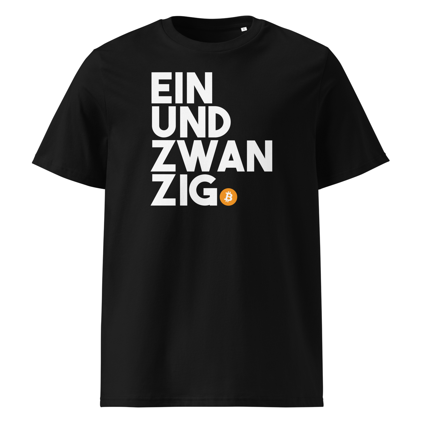 Einundzwanzig organic cotton bitcoin t-shirt in Black, front view: Einundzwanzig stacked in black block letters with an orange bitcoin coin.