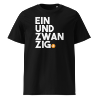 Einundzwanzig organic cotton bitcoin t-shirt in Black, front view: Einundzwanzig stacked in black block letters with an orange bitcoin coin.