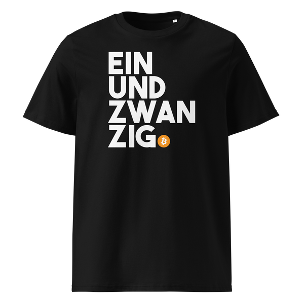Einundzwanzig organic cotton bitcoin t-shirt in Black, front view: Einundzwanzig stacked in black block letters with an orange bitcoin coin.