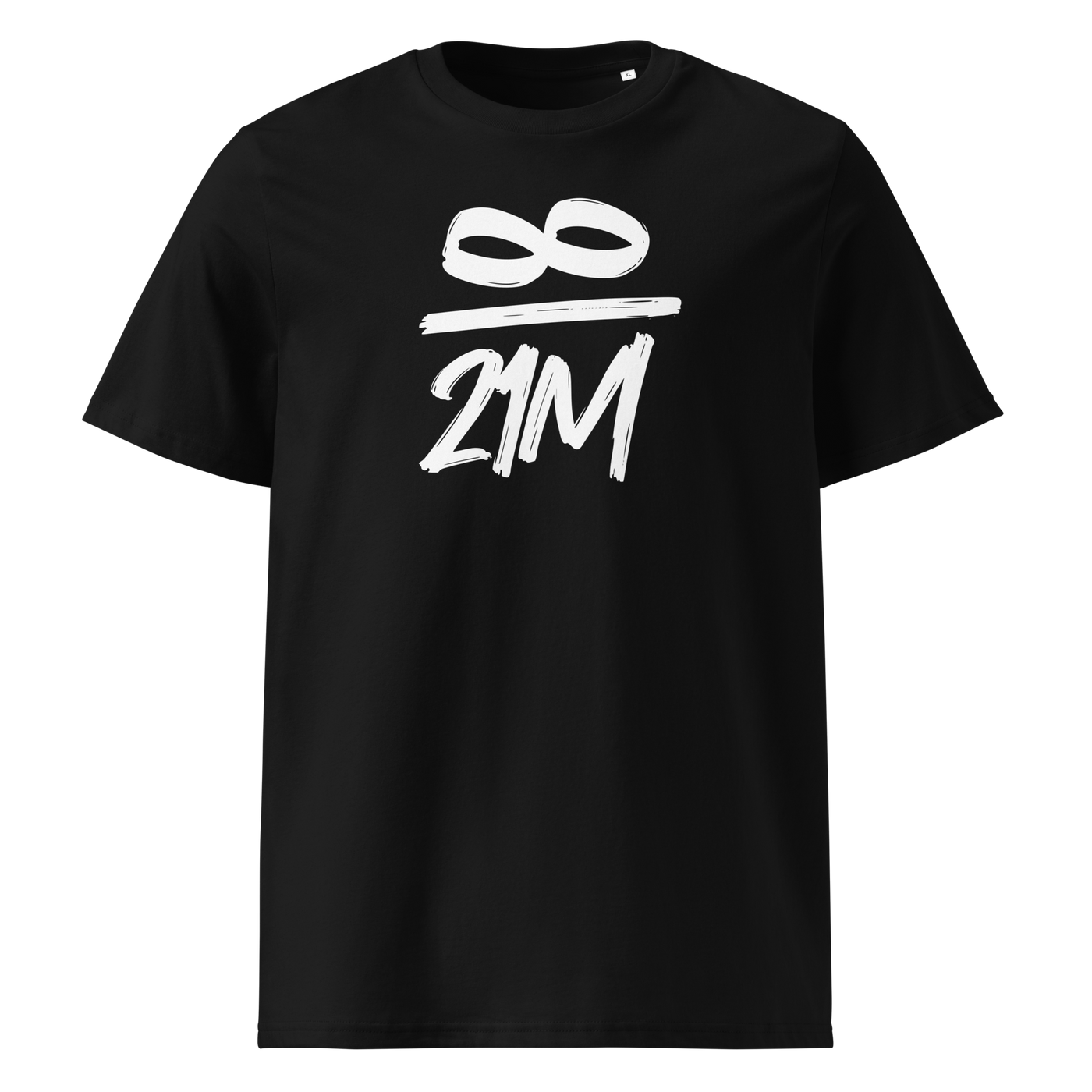 Infinity / 21 Million organic cotton bitcoin t-shirt in Black, front view: an infinity symbol over 21M in black brush lettering.