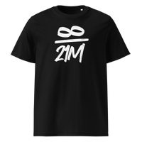 Infinity / 21 Million organic cotton bitcoin t-shirt in Black, front view: an infinity symbol over 21M in black brush lettering.