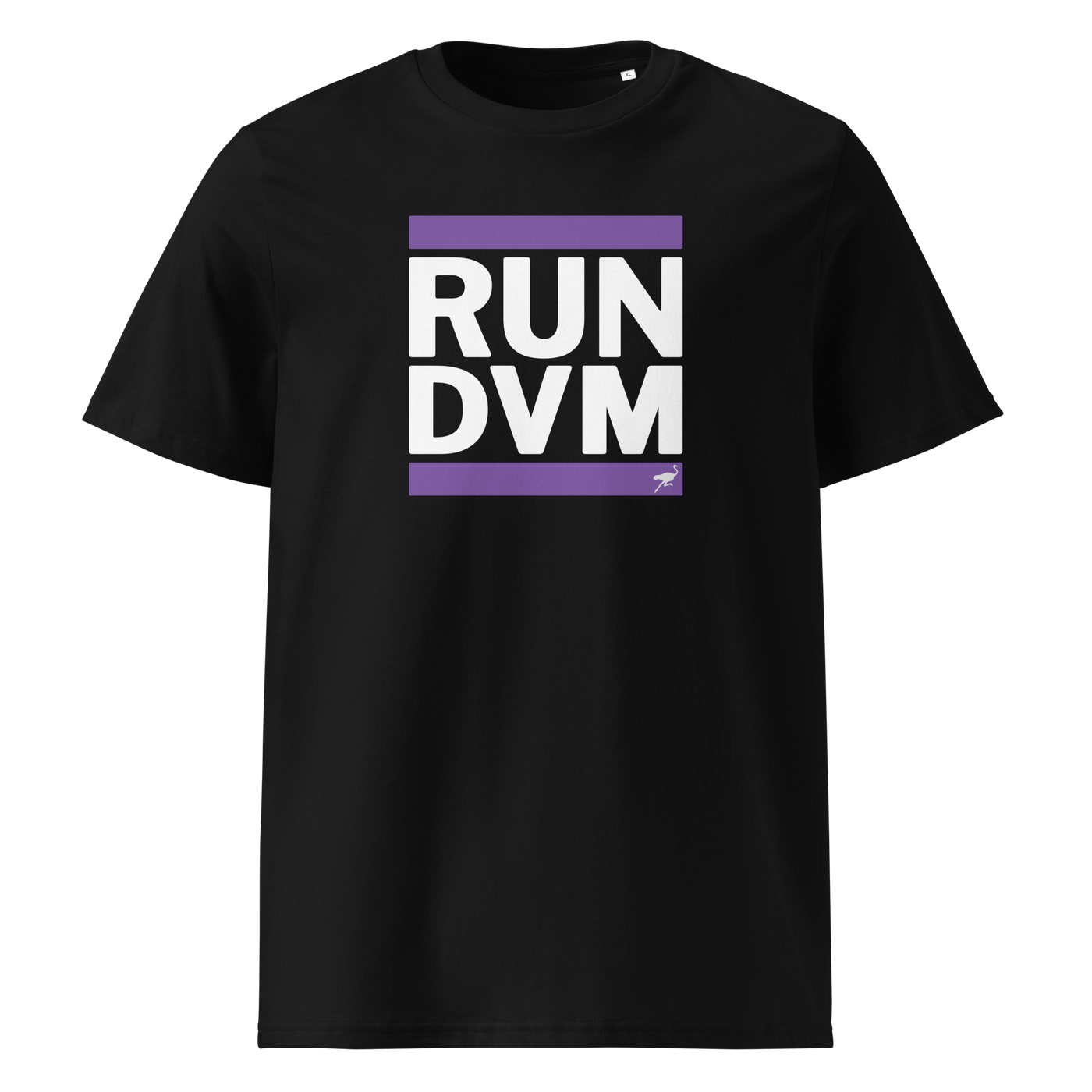 RUN DVM organic cotton nostr t-shirt in Black, front view: RUN DVM in black capitals between two purple bars.