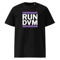 RUN DVM organic cotton nostr t-shirt in Black, front view: RUN DVM in black capitals between two purple bars.