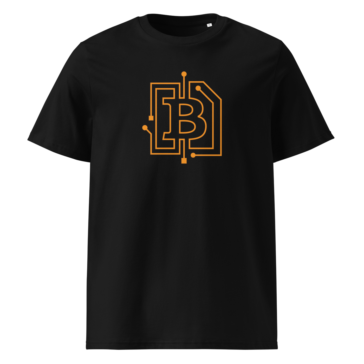 Circuit Board organic cotton bitcoin t-shirt in Black, front view: an orange bitcoin B drawn as circuit board traces.