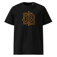Circuit Board organic cotton bitcoin t-shirt in Black, front view: an orange bitcoin B drawn as circuit board traces.