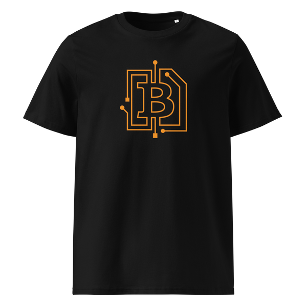 Circuit Board organic cotton bitcoin t-shirt in Black, front view: an orange bitcoin B drawn as circuit board traces.