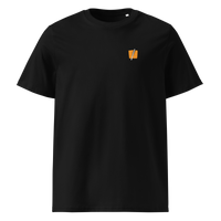 Bitcoin Halving organic cotton bitcoin t-shirt in Black, front view: a small halved orange bitcoin symbol on the left chest.