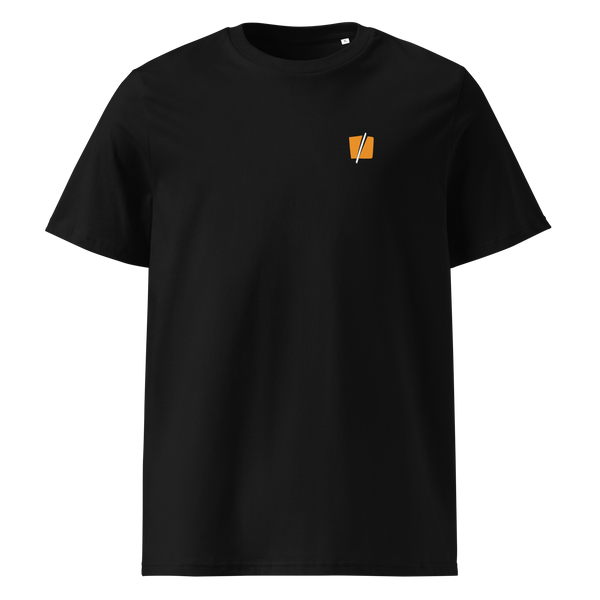 Bitcoin Halving organic cotton bitcoin t-shirt in Black, front view: a small halved orange bitcoin symbol on the left chest.