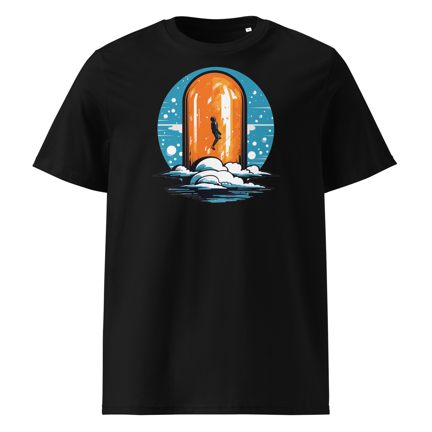 Orange Pill organic cotton bitcoin t-shirt in Black, front view: a silhouette stepping through an orange pill shaped doorway above the clouds.