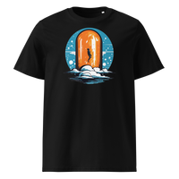 Orange Pill organic cotton bitcoin t-shirt in Black, front view: a silhouette stepping through an orange pill shaped doorway above the clouds.