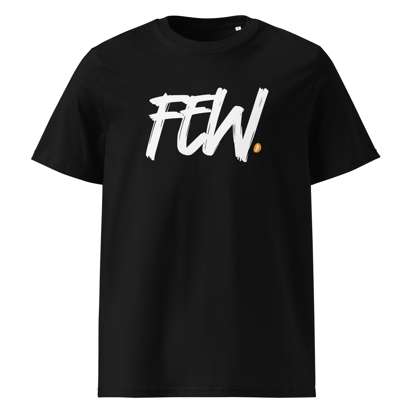 Few organic cotton bitcoin t-shirt in Black, front view: FEW. in large white brush lettering with a small orange bitcoin coin.