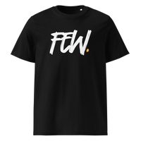 Few organic cotton bitcoin t-shirt in Black, front view: FEW. in large white brush lettering with a small orange bitcoin coin.