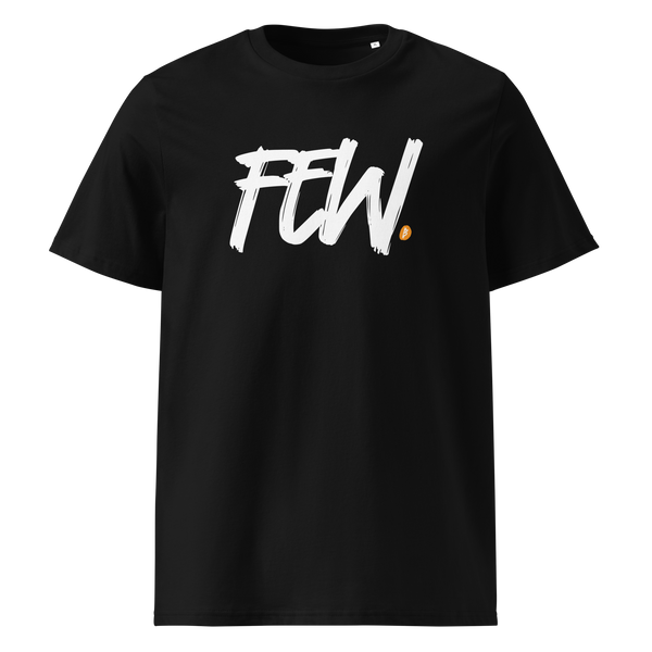 Few organic cotton bitcoin t-shirt in Black, front view: FEW. in black brush lettering with an orange bitcoin dot.