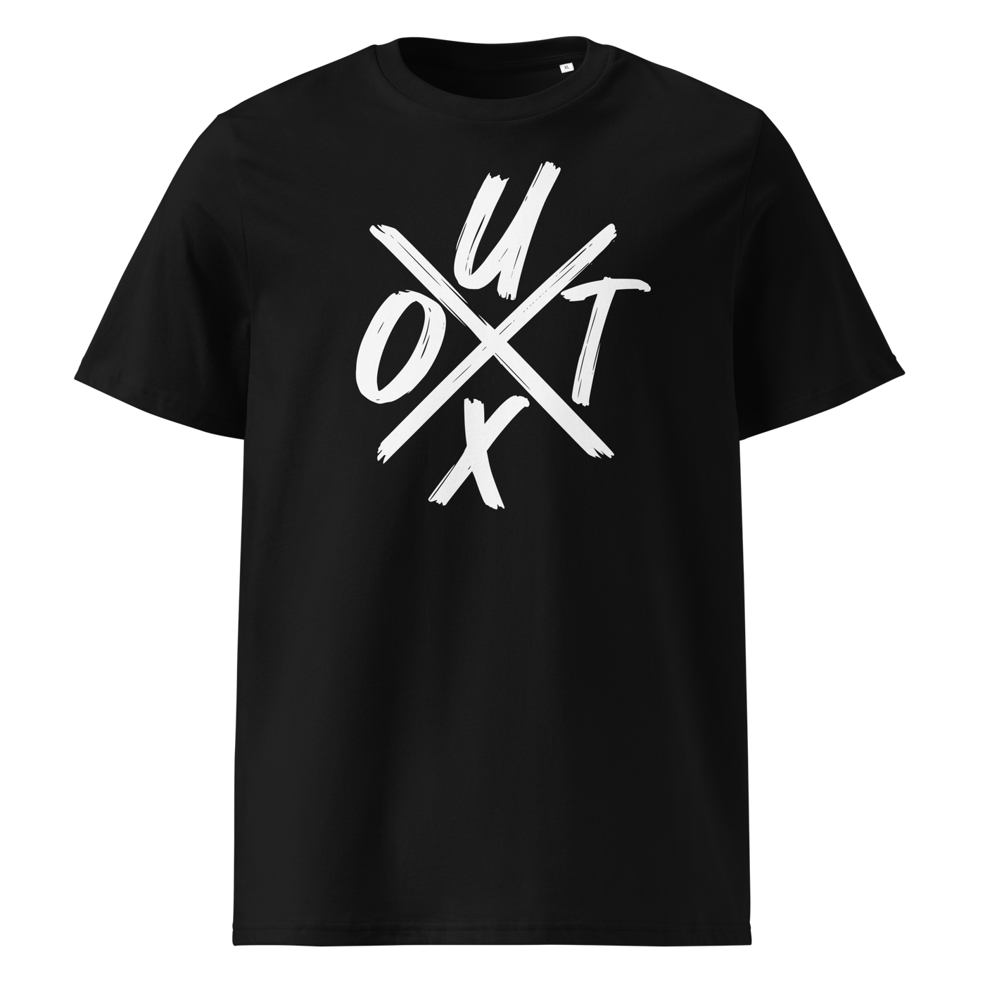 UTXO Management organic cotton bitcoin t-shirt in Black, front view: the letters UTXO arranged around a brushed cross.