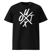 UTXO Management organic cotton bitcoin t-shirt in Black, front view: the letters UTXO arranged around a brushed cross.