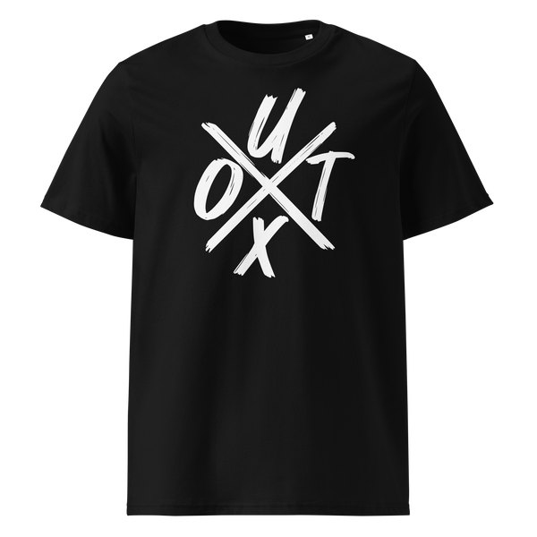 UTXO Management organic cotton bitcoin t-shirt in Black, front view: the letters UTXO arranged around a brushed cross.
