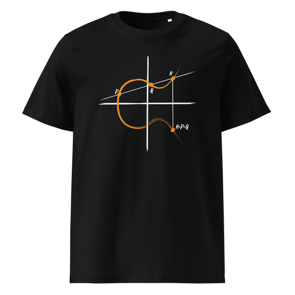 Elliptic Curve Cryptography organic cotton bitcoin t-shirt in Black, front view: a line drawing of an elliptic curve with the points P, Q and R.