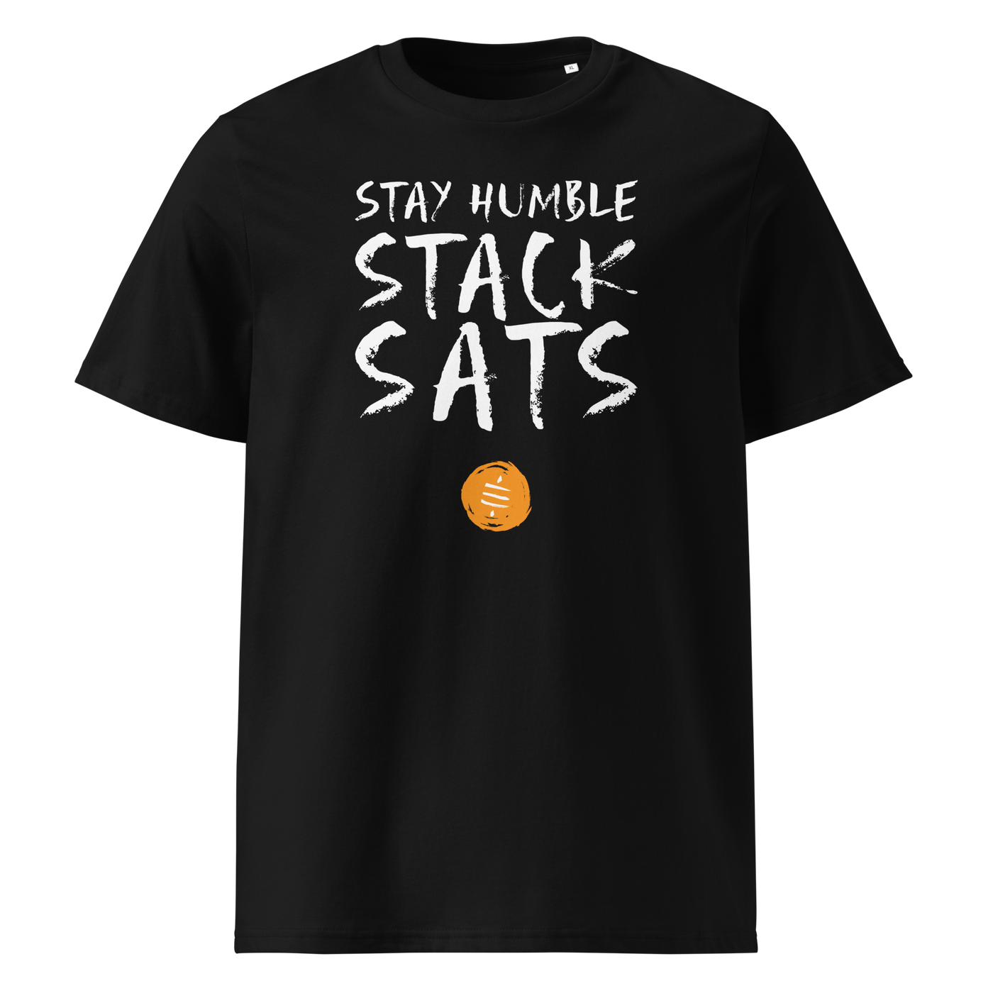 Stay Humble Stack Sats organic cotton bitcoin t-shirt in Black, front view: Stay Humble Stack Sats in black lettering above an orange sats coin.