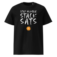 Stay Humble Stack Sats organic cotton bitcoin t-shirt in Black, front view: Stay Humble Stack Sats in black lettering above an orange sats coin.