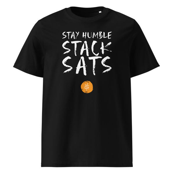 Stay Humble Stack Sats organic cotton bitcoin t-shirt in Black, front view: Stay Humble Stack Sats in black lettering above an orange sats coin.