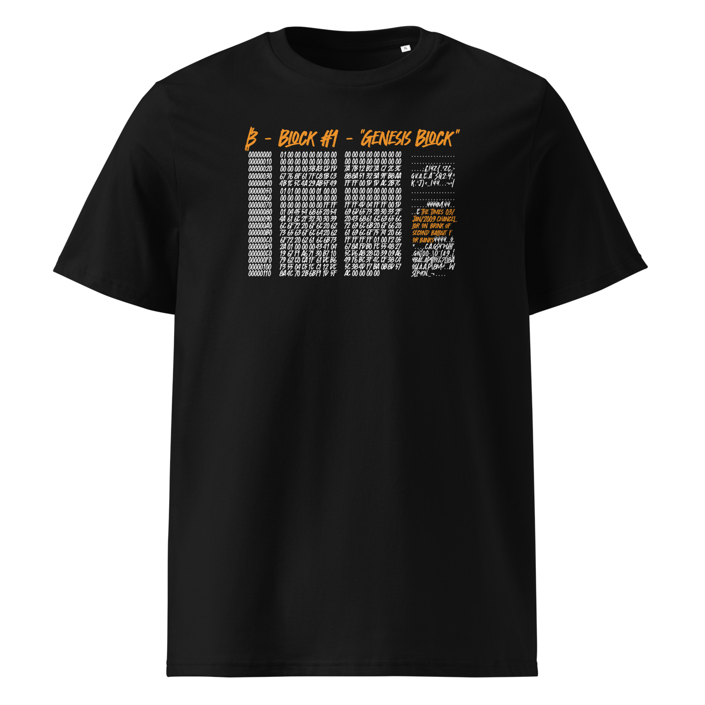 Genesis Block organic cotton bitcoin t-shirt in Black, front view: the raw data of Bitcoin's genesis block in grey and orange.