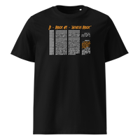 Genesis Block organic cotton bitcoin t-shirt in Black, front view: the raw data of Bitcoin's genesis block in grey and orange.