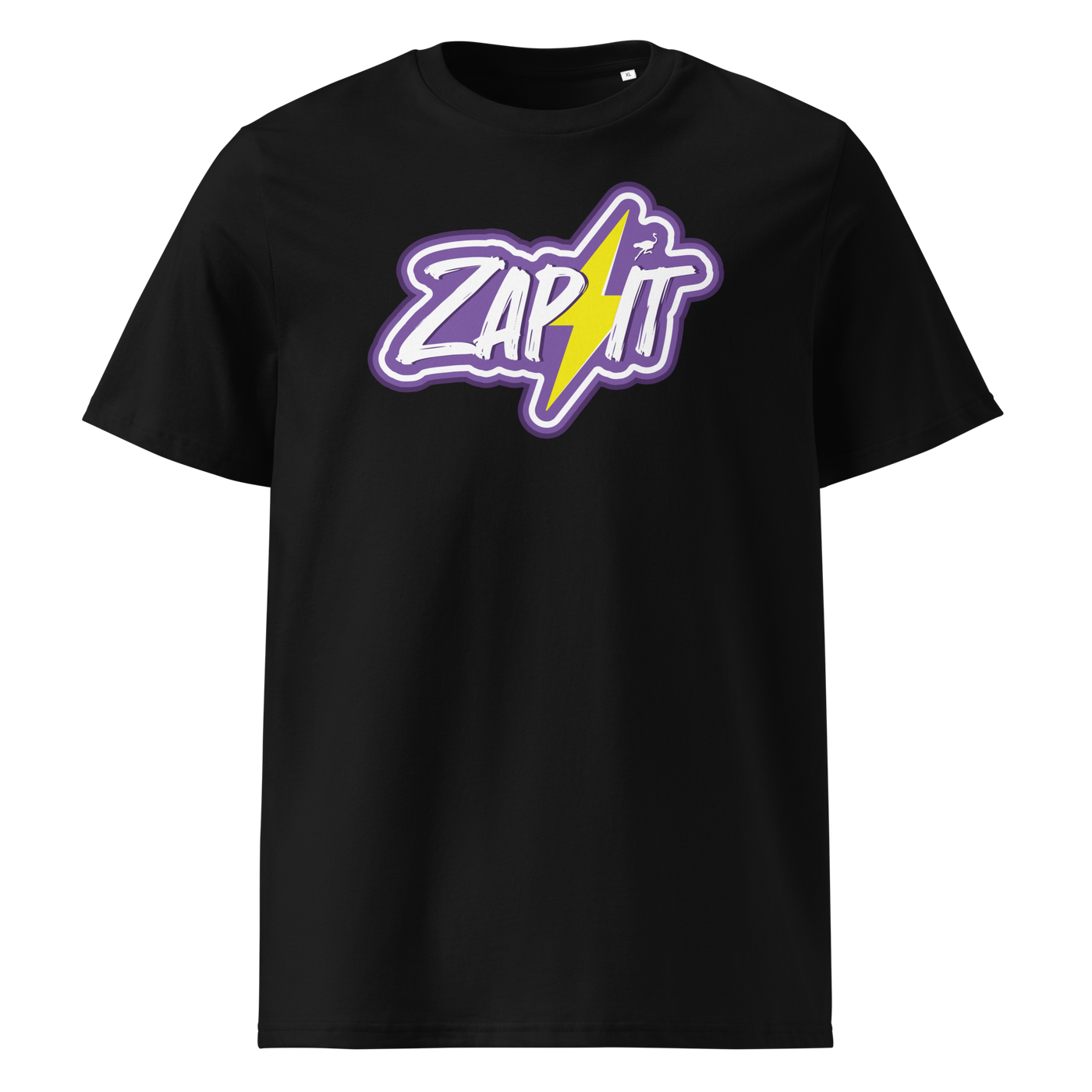 Zap It Nostr organic cotton nostr t-shirt in Black, front view: Zap It in purple graffiti letters with a yellow lightning bolt.