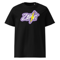 Zap It Nostr organic cotton nostr t-shirt in Black, front view: Zap It in purple graffiti letters with a yellow lightning bolt.