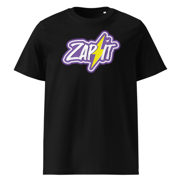 Zap It Nostr organic cotton nostr t-shirt in Black, front view: Zap It in purple graffiti letters with a yellow lightning bolt.
