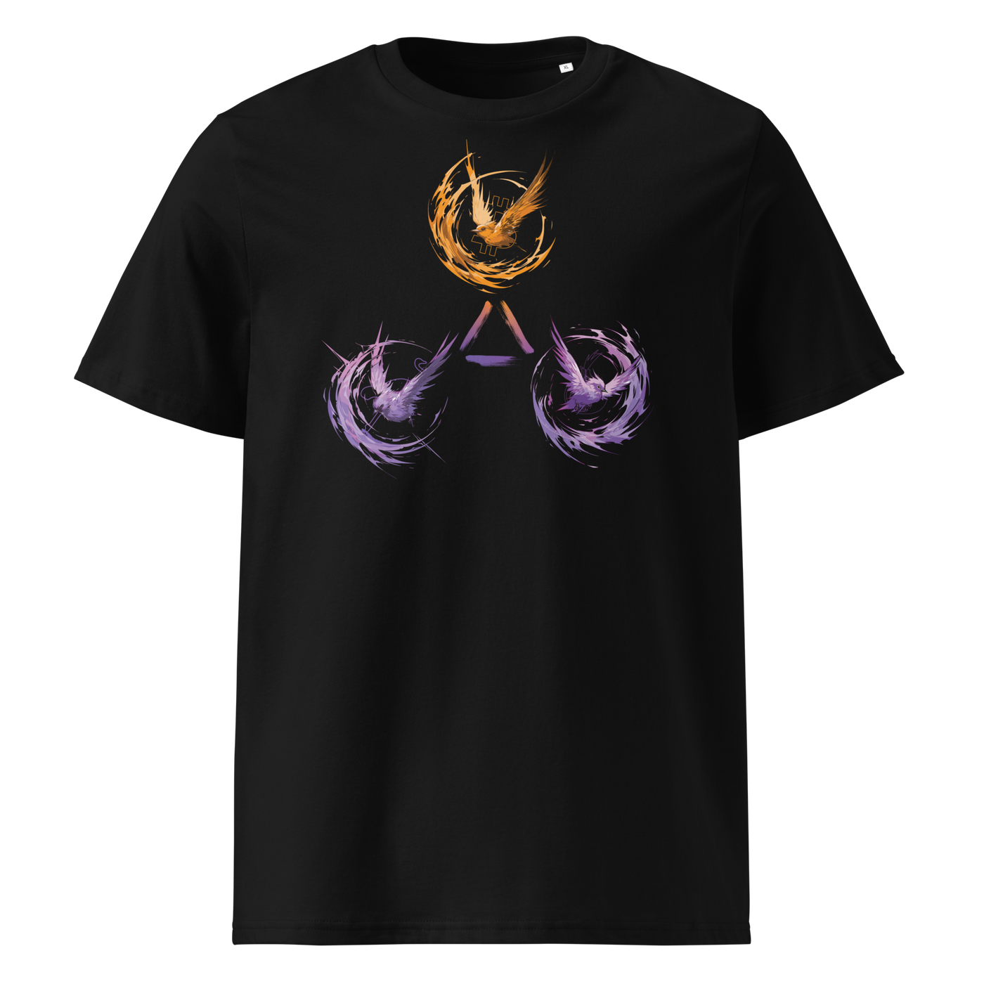 Trinity of Freedom organic cotton bitcoin t-shirt in Black, front view: three stylised birds, one orange and two purple, around a triangle.