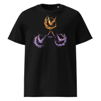Trinity of Freedom organic cotton bitcoin t-shirt in Black, front view: three stylised birds, one orange and two purple, around a triangle.