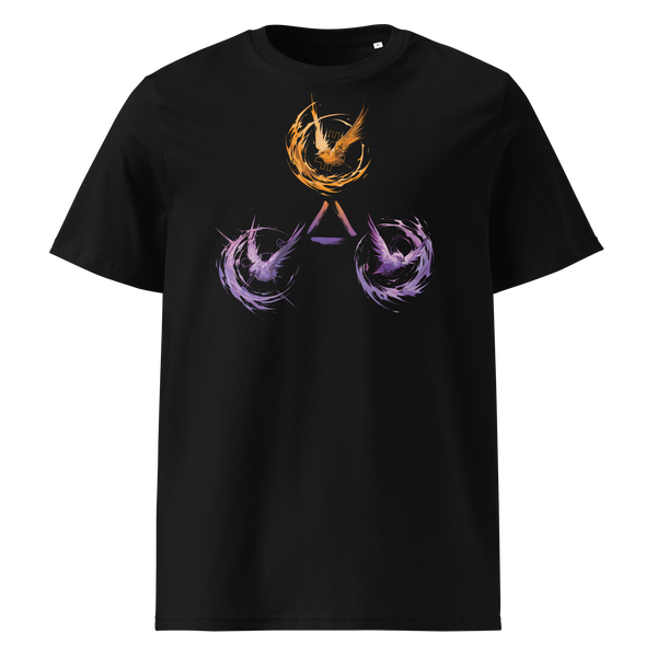 Trinity of Freedom organic cotton bitcoin t-shirt in Black, front view: three stylised birds, one orange and two purple, around a triangle.