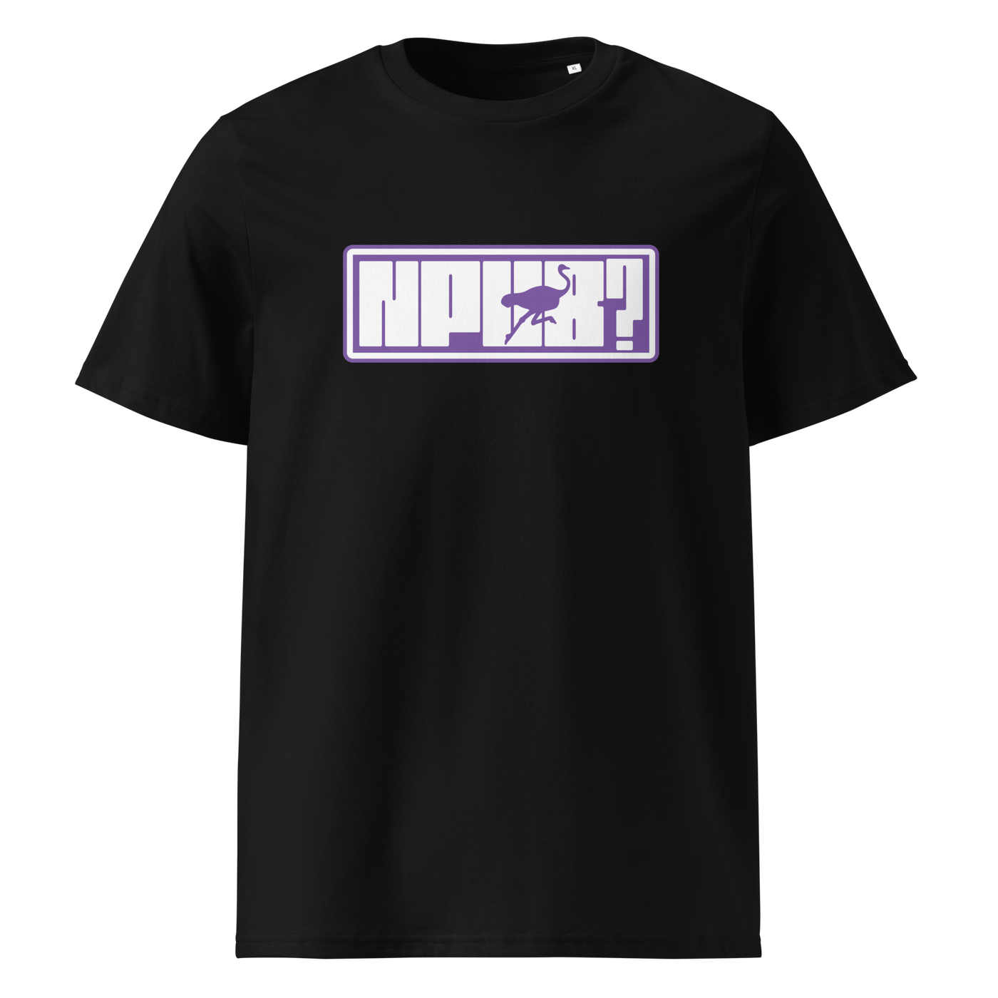 nPub Nostr organic cotton nostr t-shirt in Black, front view: nPub in purple letters in a frame with an ostrich.