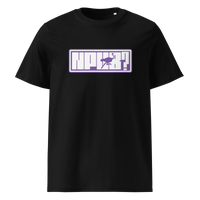 nPub Nostr organic cotton nostr t-shirt in Black, front view: nPub in purple letters in a frame with an ostrich.