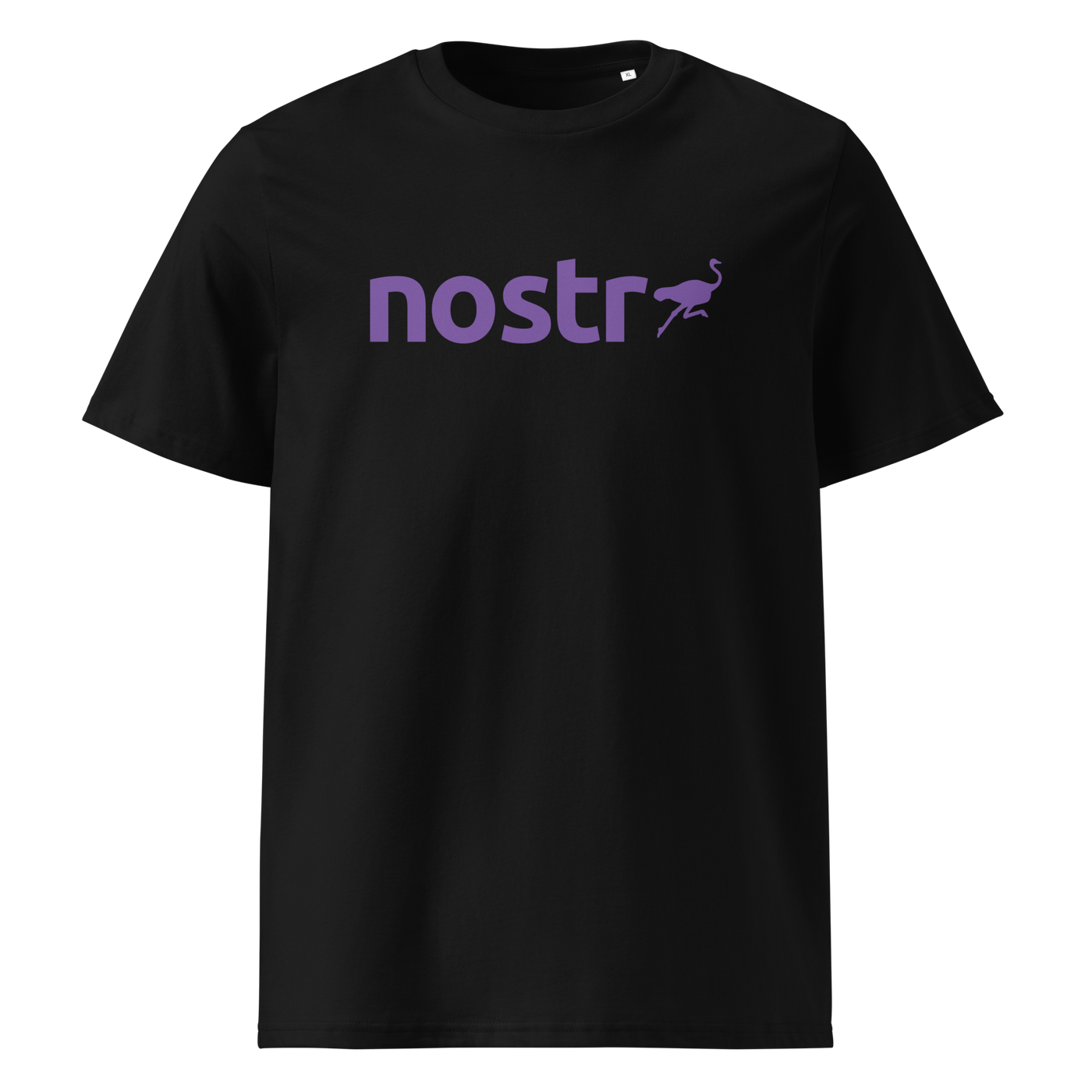 Nostr organic cotton nostr t-shirt in Black, front view: the nostr wordmark in purple with an ostrich.