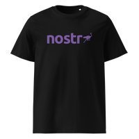 Nostr organic cotton nostr t-shirt in Black, front view: the nostr wordmark in purple with an ostrich.