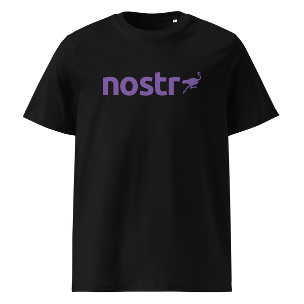 Nostr organic cotton nostr t-shirt in Black, front view: the nostr wordmark in purple with an ostrich.